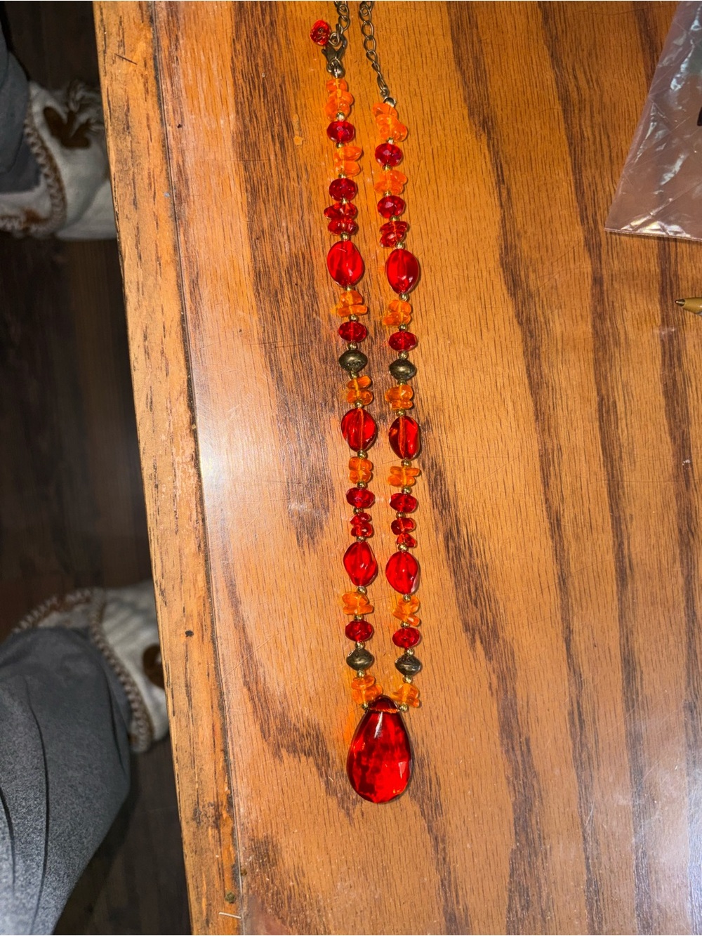 Handcrafted Red & Orange Beaded Pendant Necklace - Women Jewelry 10 1/2 inches